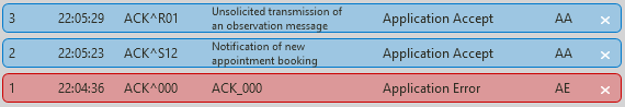 HL7 ACK list showing AE error