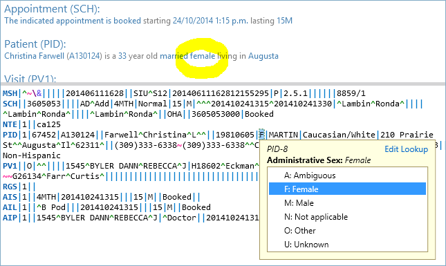 Interpretation panel hyperlinking an HL7 data table with definitions