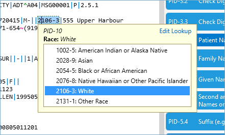 HL7 Tables dropdown in editor software